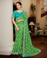 Vishal Prints Dark Teal Blue Brasso Saree With Foil Print And Jari Border