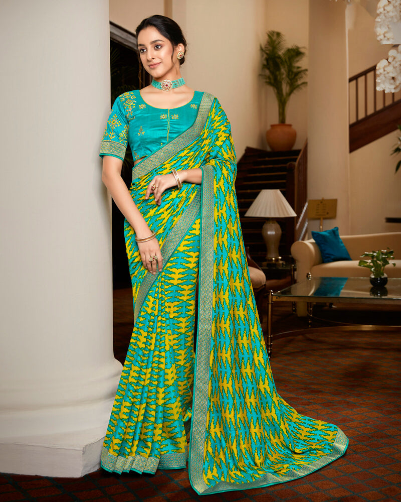 Vishal Prints Dark Teal Blue Brasso Saree With Foil Print And Jari Border