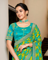 Vishal Prints Dark Teal Blue Brasso Saree With Foil Print And Jari Border