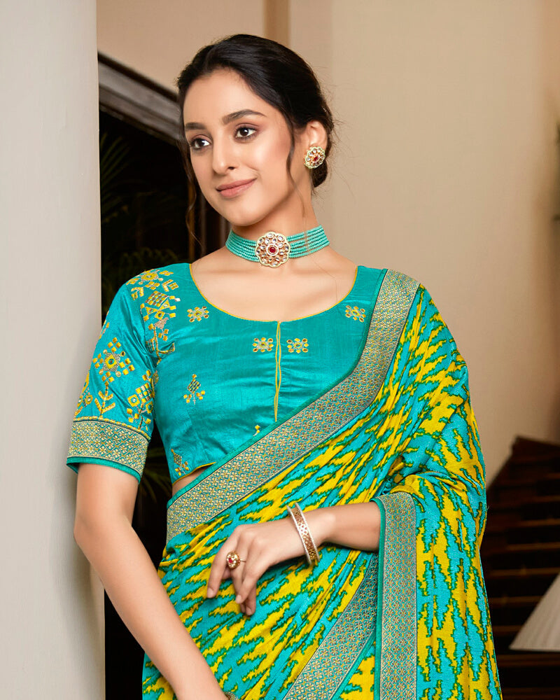Vishal Prints Dark Teal Blue Brasso Saree With Foil Print And Jari Border