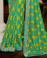 Vishal Prints Dark Teal Blue Brasso Saree With Foil Print And Jari Border