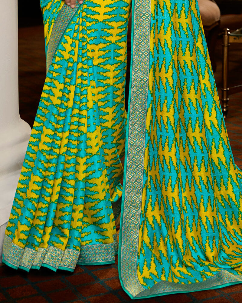 Vishal Prints Dark Teal Blue Brasso Saree With Foil Print And Jari Border