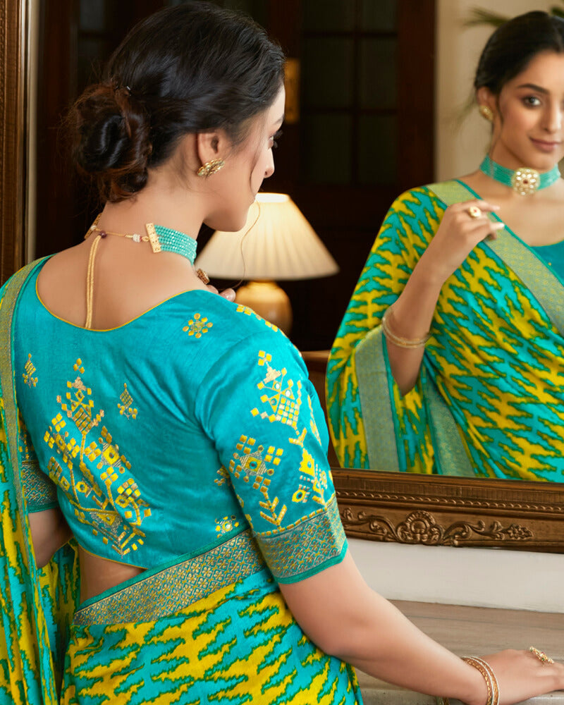 Vishal Prints Dark Teal Blue Brasso Saree With Foil Print And Jari Border