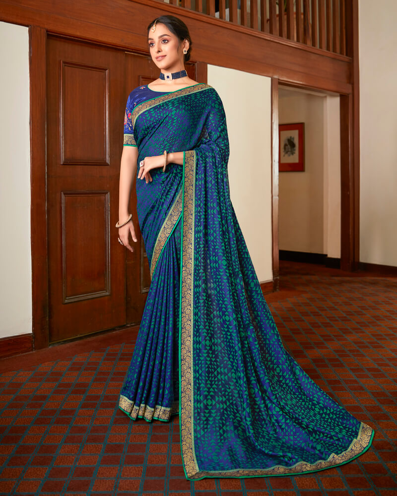 Vishal Prints Ink Blue Brasso Saree With Foil Print And Jari Border