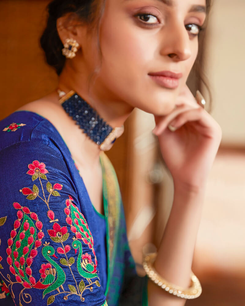 Vishal Prints Ink Blue Brasso Saree With Foil Print And Jari Border