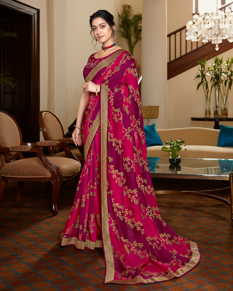 Vishal Prints Magenta Brasso Saree With Foil Print And Jari Border