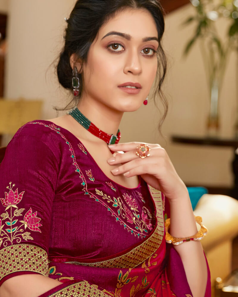 Vishal Prints Magenta Brasso Saree With Foil Print And Jari Border
