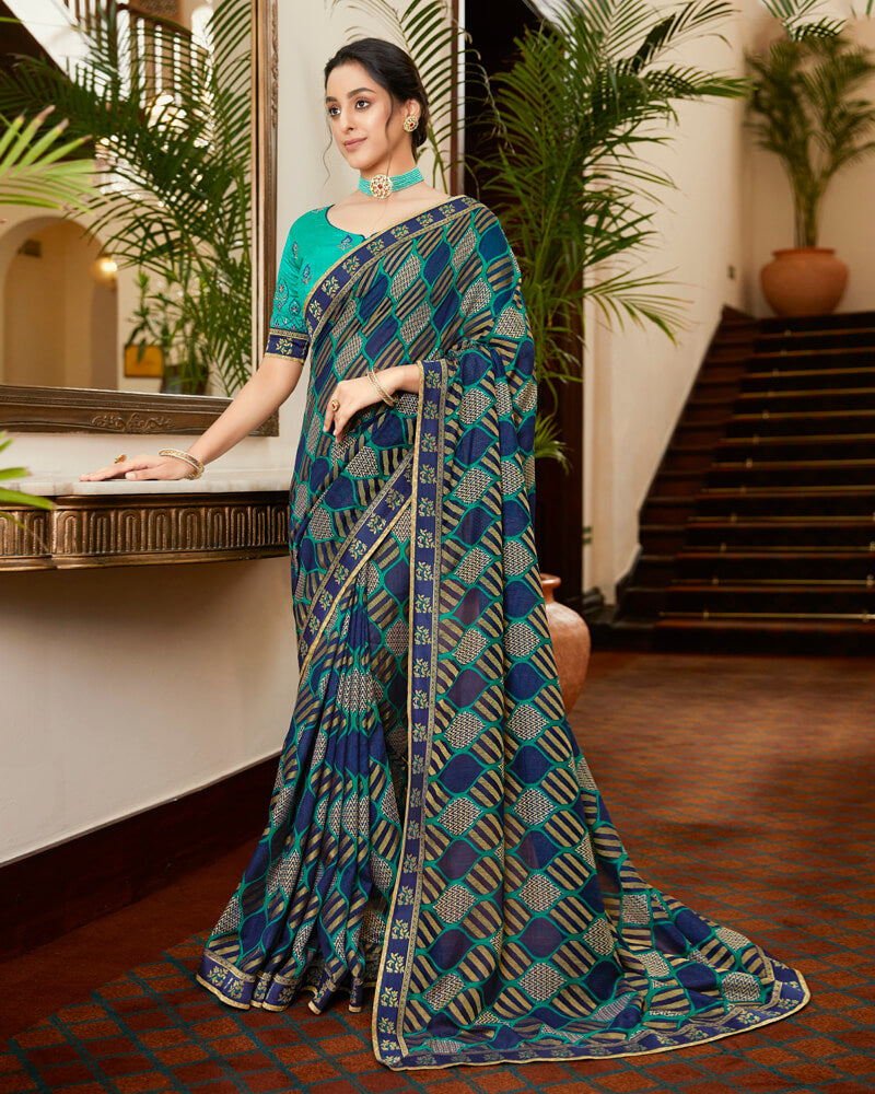 Vishal Prints Ink Blue Brasso Saree With Foil Print And Jari Border