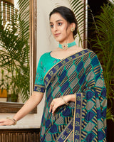 Vishal Prints Ink Blue Brasso Saree With Foil Print And Jari Border