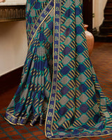 Vishal Prints Ink Blue Brasso Saree With Foil Print And Jari Border