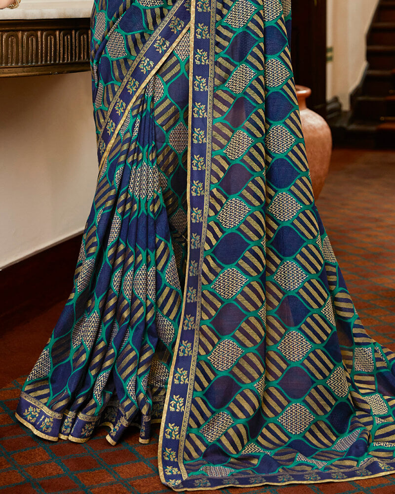 Vishal Prints Ink Blue Brasso Saree With Foil Print And Jari Border