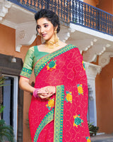 Vishal Prints Red Pink Chiffon Saree With Embroidery Work