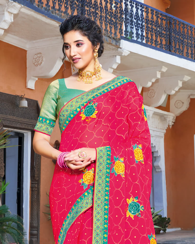 Vishal Prints Red Pink Chiffon Saree With Embroidery Work