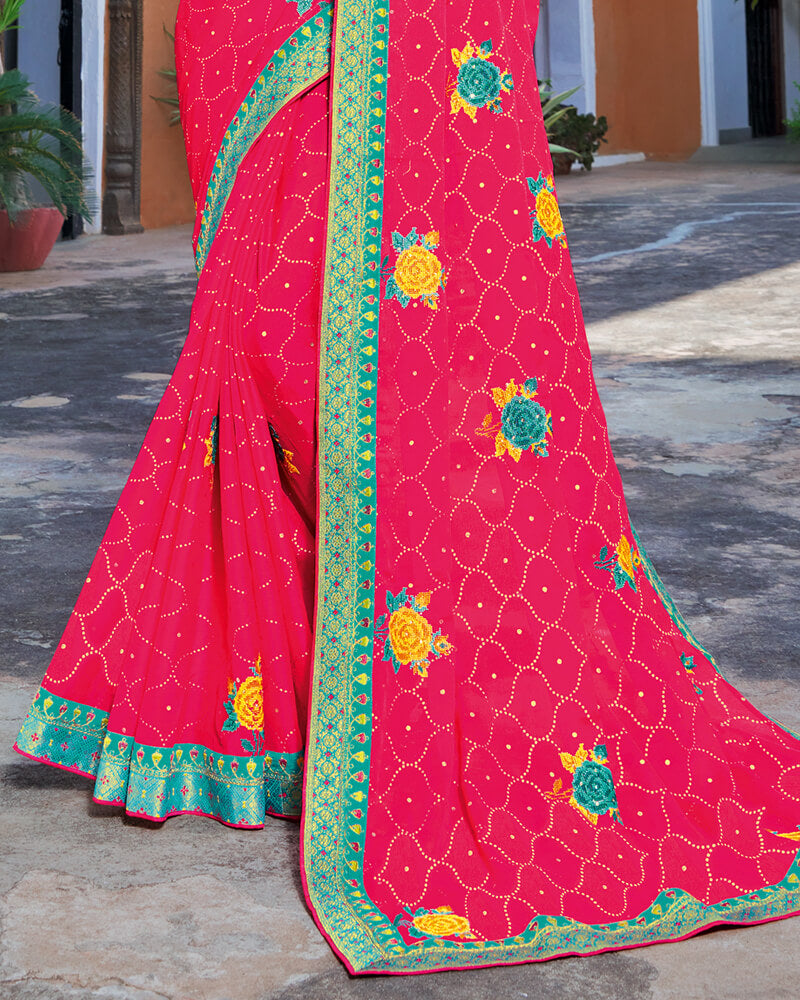 Vishal Prints Red Pink Chiffon Saree With Embroidery Work