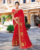 Vishal Prints Cherry Red Chiffon Saree With Embroidery Work