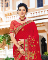 Vishal Prints Cherry Red Chiffon Saree With Embroidery Work