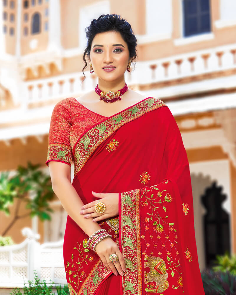 Vishal Prints Cherry Red Chiffon Saree With Embroidery Work