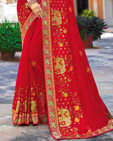 Vishal Prints Cherry Red Chiffon Saree With Embroidery Work