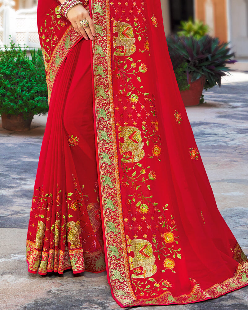 Vishal Prints Cherry Red Chiffon Saree With Embroidery Work