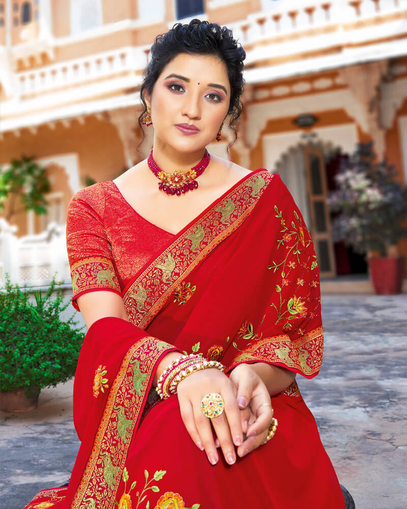 Vishal Prints Cherry Red Chiffon Saree With Embroidery Work
