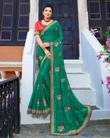 Vishal Prints Deep Sea Green Chiffon Saree With Embroidery Work