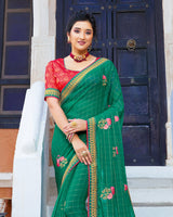 Vishal Prints Deep Sea Green Chiffon Saree With Embroidery Work