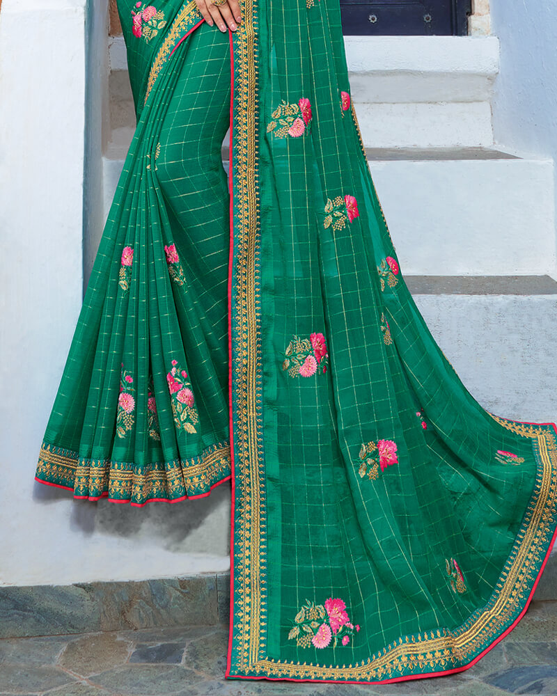 Vishal Prints Deep Sea Green Chiffon Saree With Embroidery Work