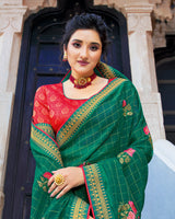 Vishal Prints Deep Sea Green Chiffon Saree With Embroidery Work