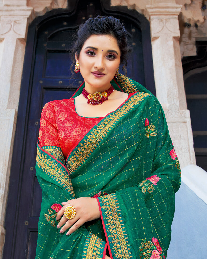 Vishal Prints Deep Sea Green Chiffon Saree With Embroidery Work