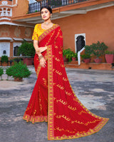 Vishal Prints Cherry Red Chiffon Saree With Embroidery Work