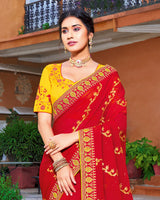 Vishal Prints Cherry Red Chiffon Saree With Embroidery Work