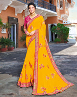 Vishal Prints Golden Yellow Chiffon Saree With Embroidery Work