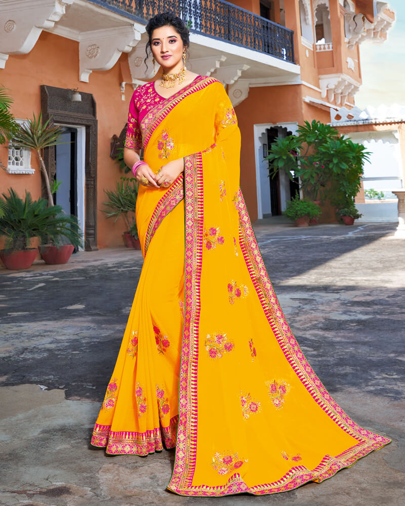 Vishal Prints Golden Yellow Chiffon Saree With Embroidery Work