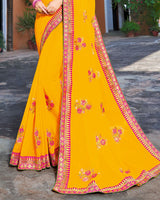 Vishal Prints Golden Yellow Chiffon Saree With Embroidery Work