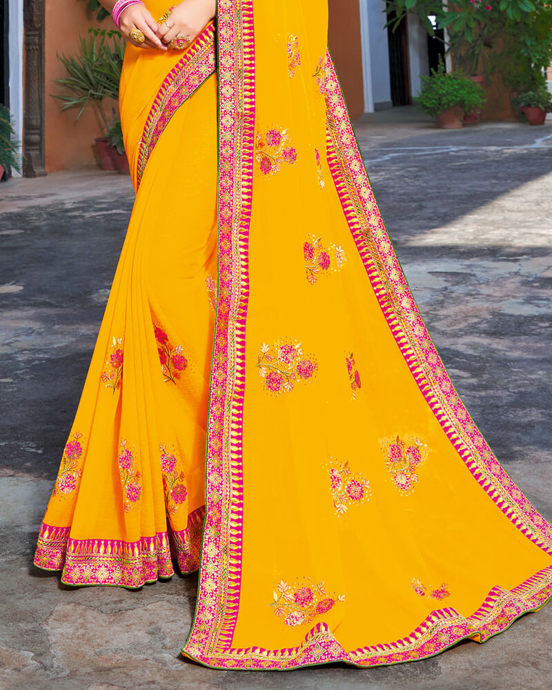 Vishal Prints Golden Yellow Chiffon Saree With Embroidery Work
