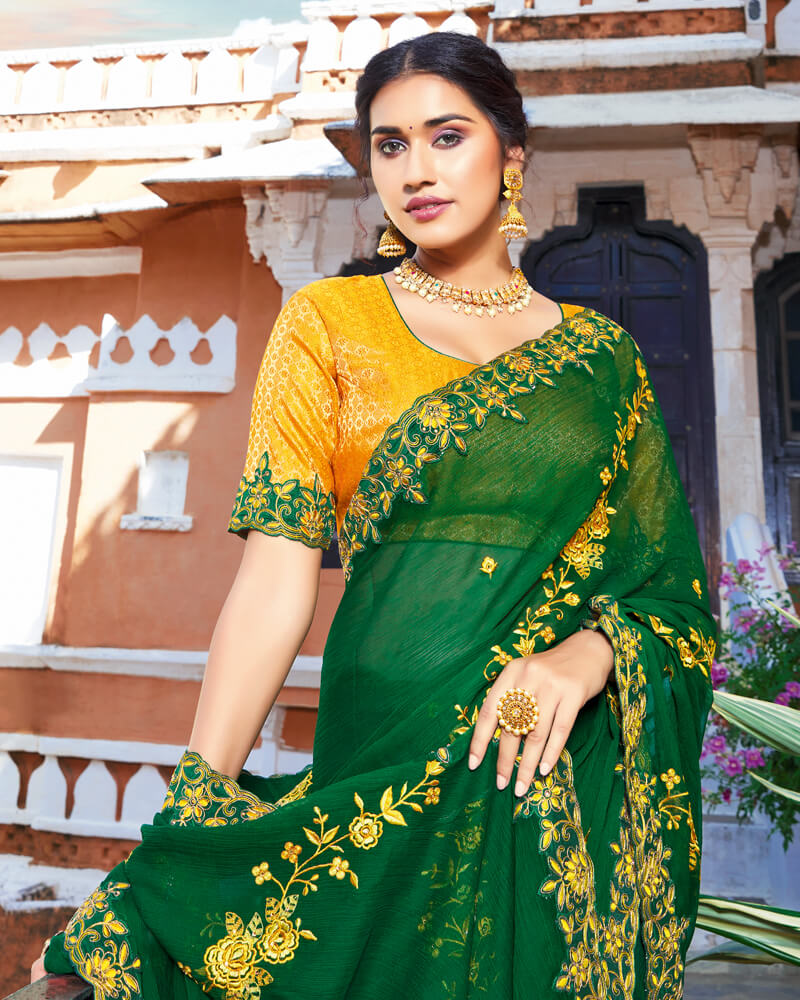 Vishal Prints Dark Green Chiffon Saree With Embroidery Work