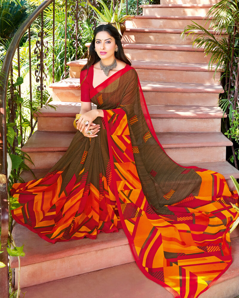 Vishal Prints Dark Mustard Printed Georgette Saree