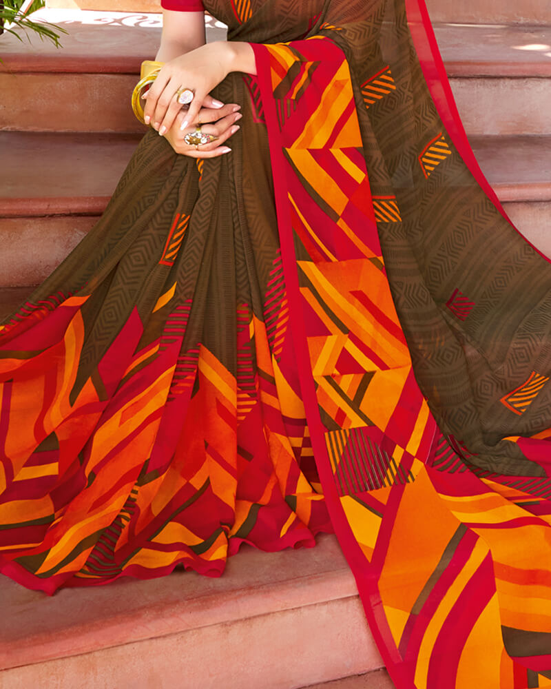 Vishal Prints Dark Mustard Printed Georgette Saree