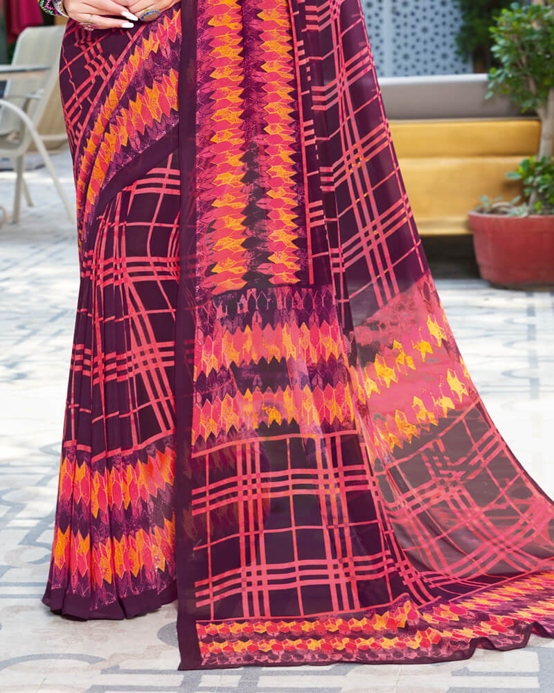 Vishal Prints Wine Printed Georgette Saree