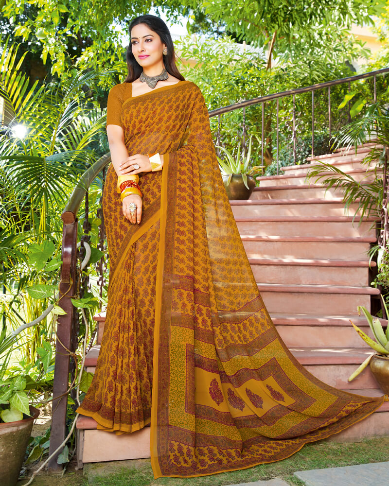 Vishal Prints Ochre And Dark Red Printed Georgette Saree