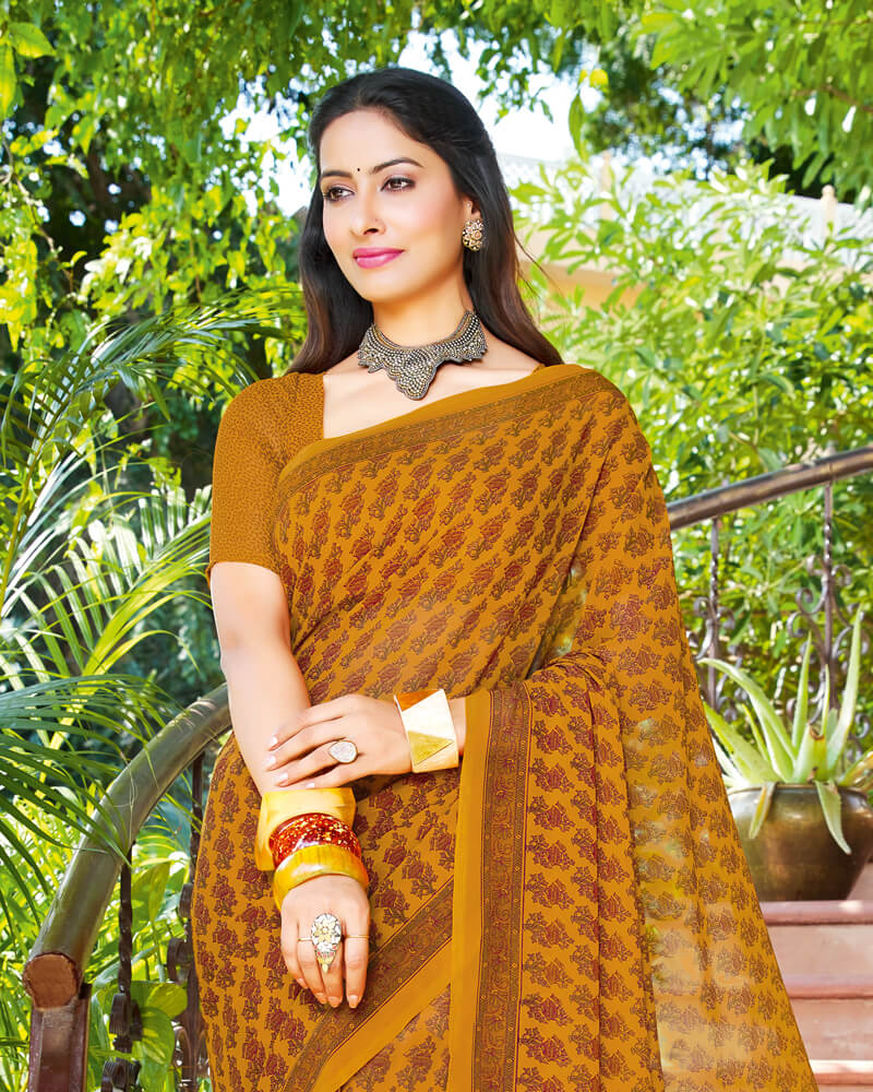 Vishal Prints Ochre And Dark Red Printed Georgette Saree