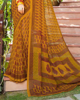 Vishal Prints Ochre And Dark Red Printed Georgette Saree