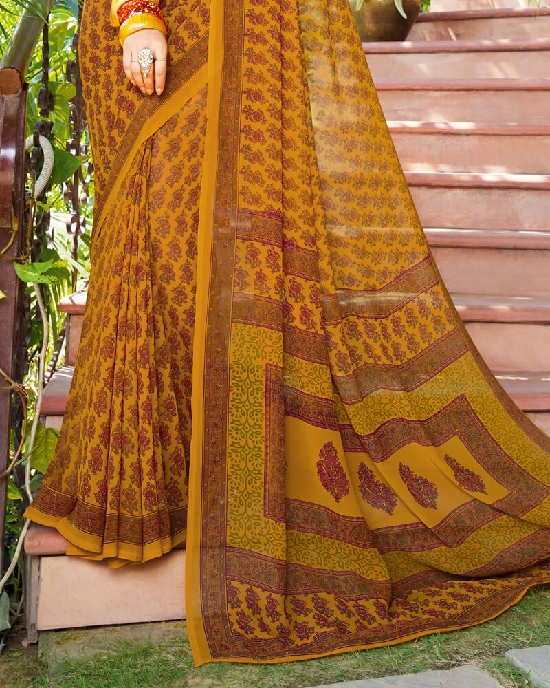 Vishal Prints Ochre And Dark Red Printed Georgette Saree