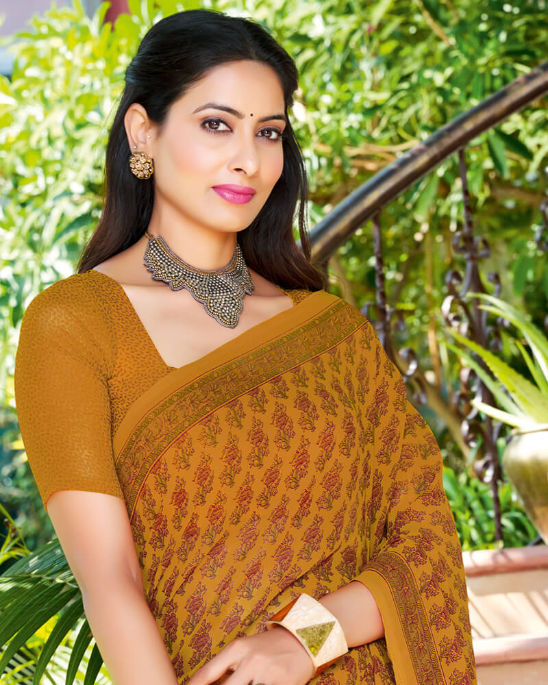 Vishal Prints Ochre And Dark Red Printed Georgette Saree