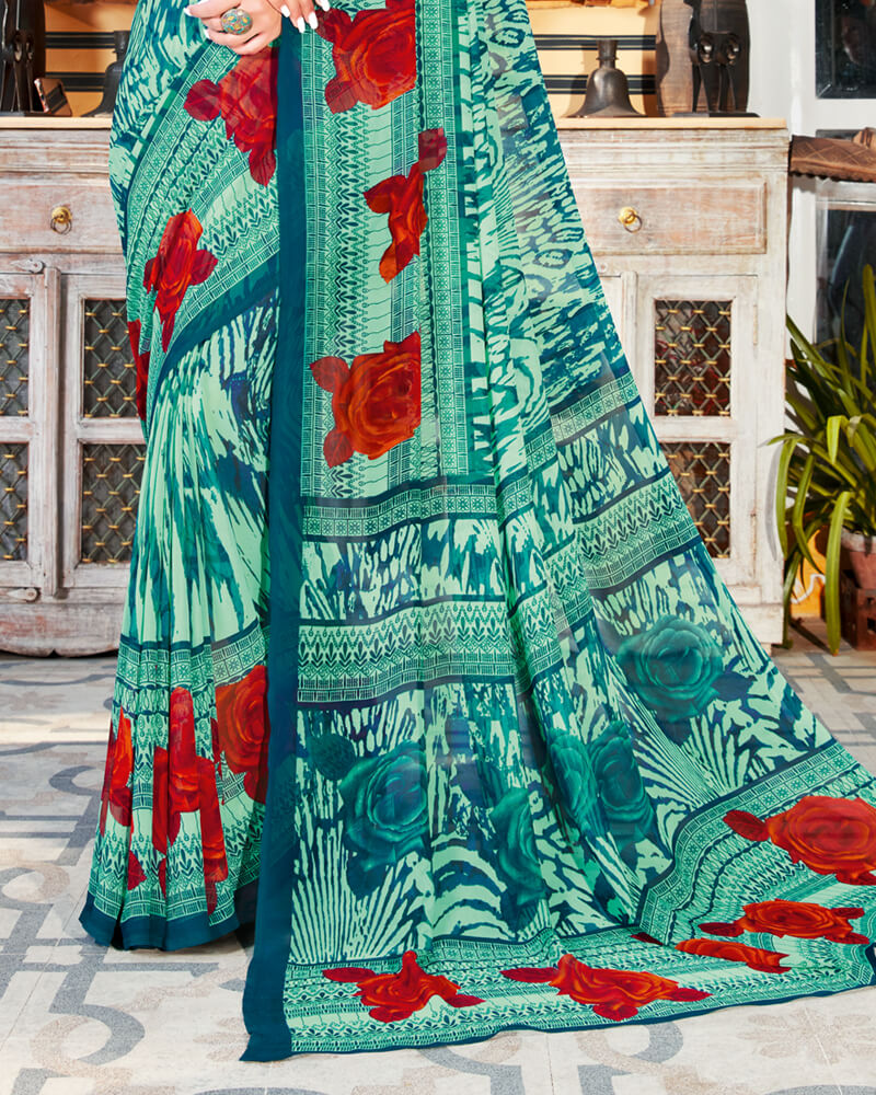 Vishal Prints Turquoise Blue Printed Georgette Saree