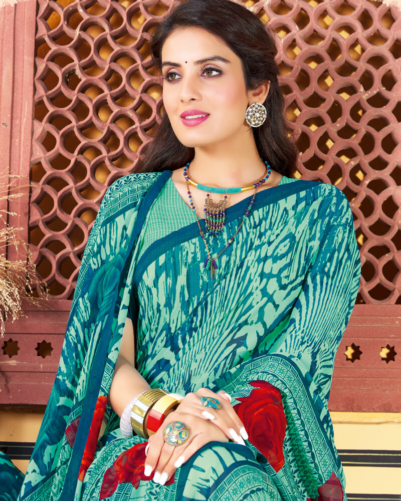 Vishal Prints Turquoise Blue Printed Georgette Saree