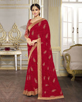 Vishal Prints Cherry Red Chiffon Saree With Foil Print And Jari Border
