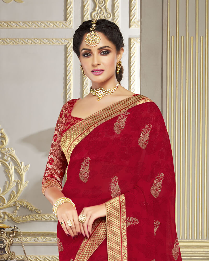 Vishal Prints Cherry Red Chiffon Saree With Foil Print And Jari Border