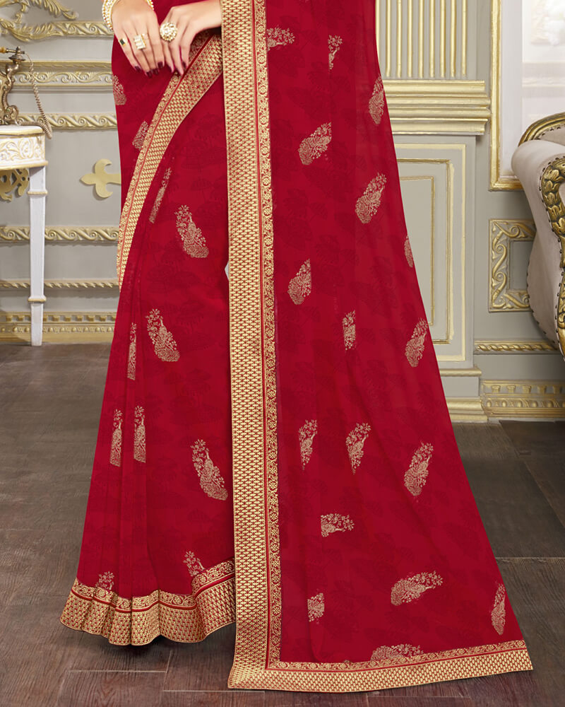 Vishal Prints Cherry Red Chiffon Saree With Foil Print And Jari Border