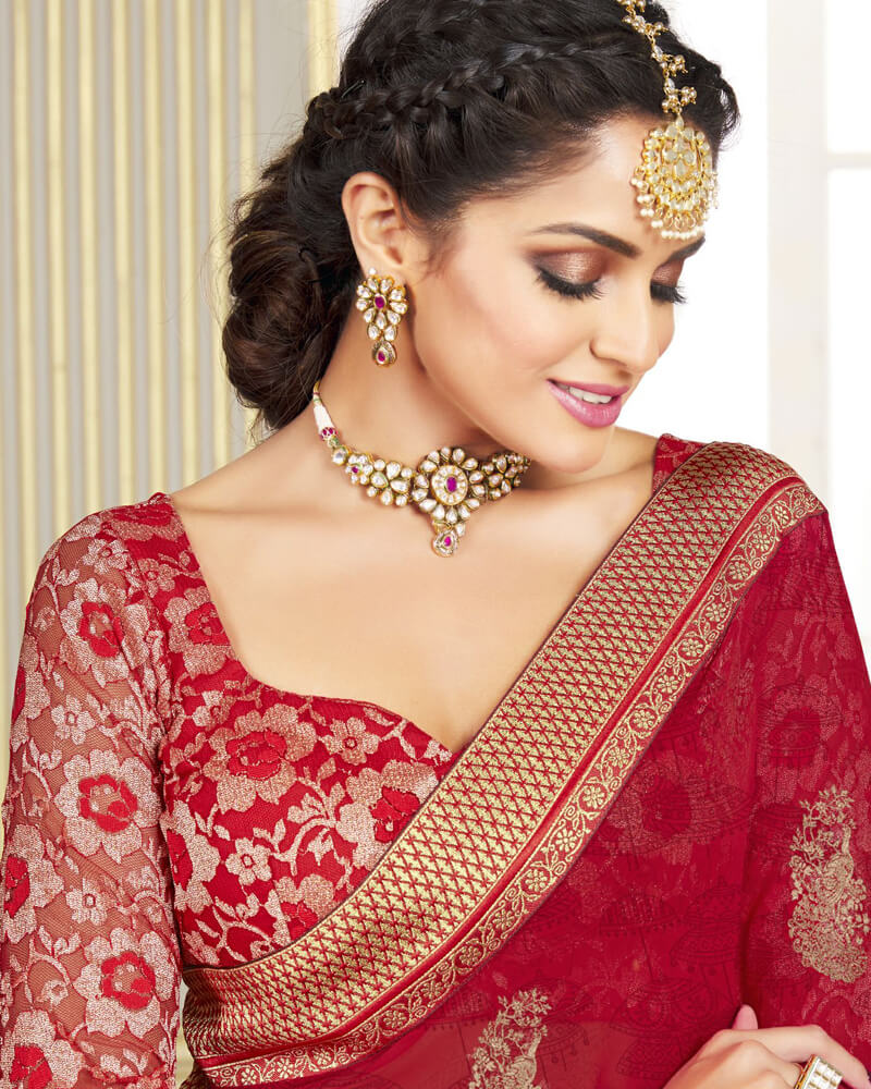Vishal Prints Cherry Red Chiffon Saree With Foil Print And Jari Border